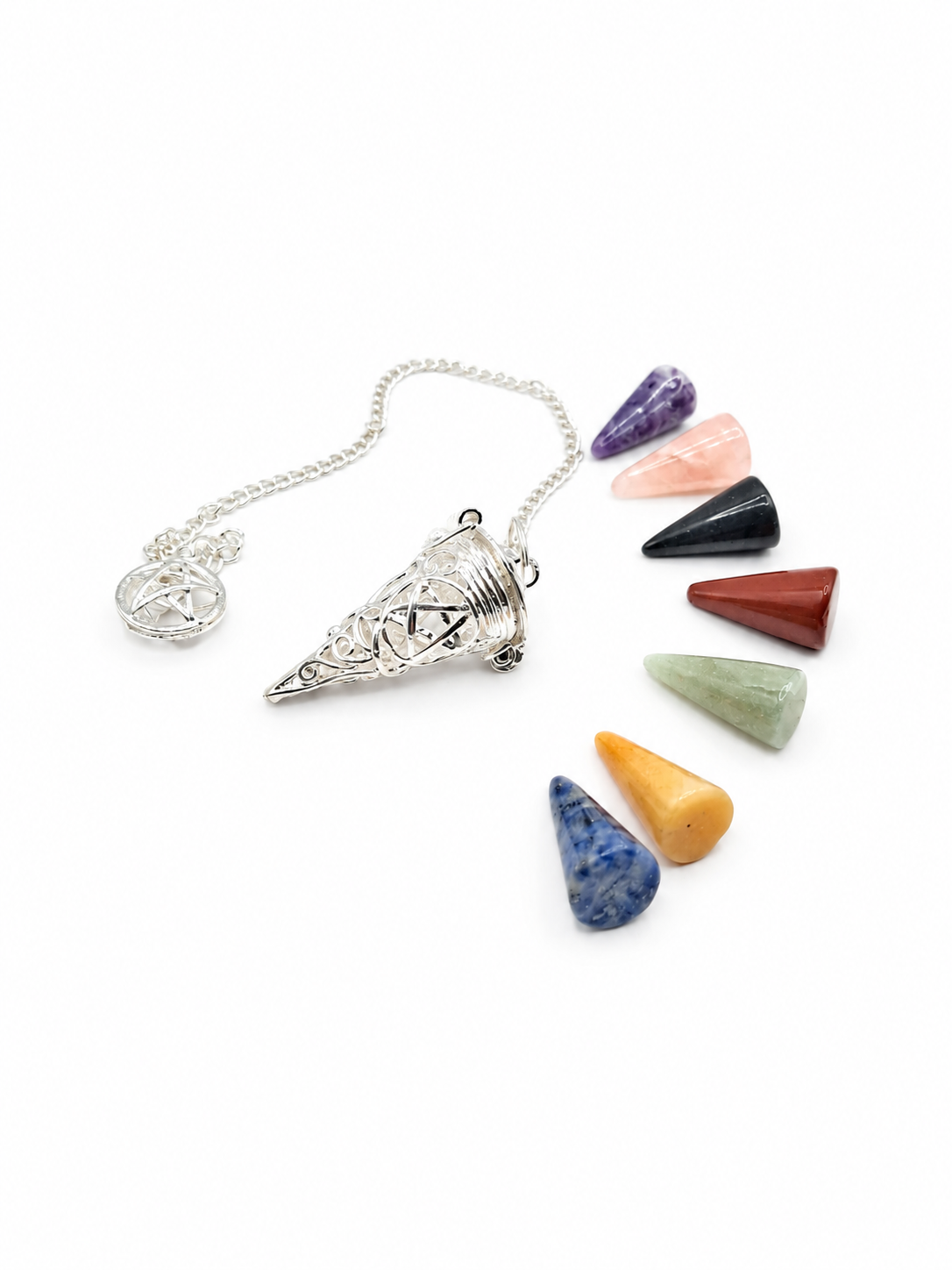 Pendel pentagram met 7 wisselbare chakra edelstenen
